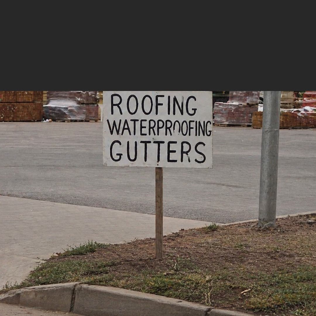 Handmade roadside sign advertising roofing, waterproofing and gutter services near a building material shop