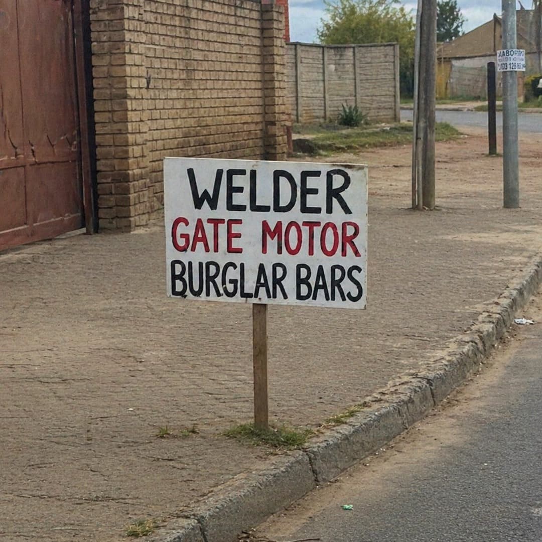 Handmade roadside sign advertising welding, gate motor and burglar bar services near a building material shop